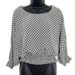 1. State Patterned Metallic Smocked Hem and Sleeves Blouse Black White Size XS